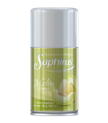 Lata de aerosol verde y plateada con la etiqueta “Saphirus Melón” y un gráfico de un melón.