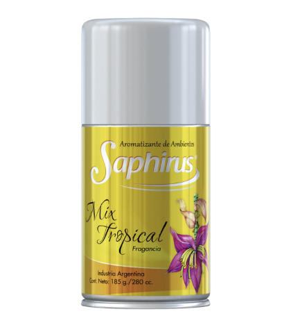 Lata de aerosol Saphirus Mix Tropical con etiqueta amarilla y diseño de flores moradas.