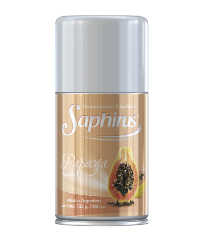 Lata de spray Saphir con tapa gris y etiqueta color canela, con la imagen de una papaya.