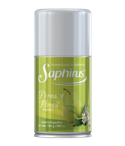 Lata de Green Saphirus con tapa plateada y etiqueta de flor de pera sobre fondo blanco.