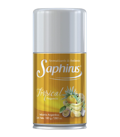 Lata de aerosol Saphirus Tropical dorada y plateada con gráficos de piña y cítricos.