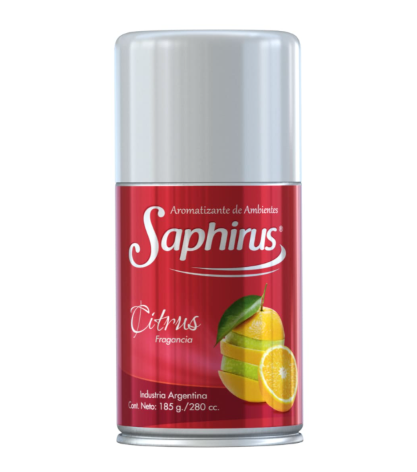 Lata de aerosol Saphirus Citrus con etiqueta roja, tapa gris y dibujo de limón.
