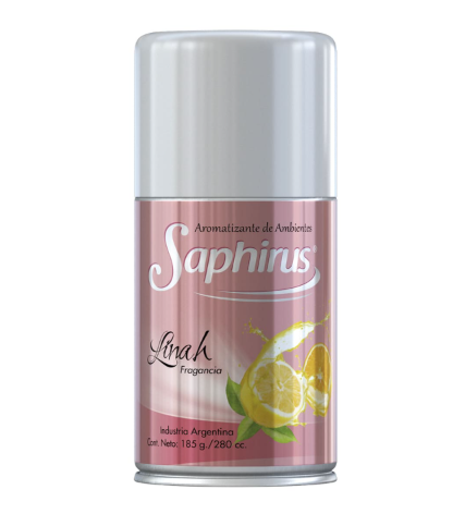 Lata de aerosol Pink Saphirus con tapa plateada y diseño floral amarillo.