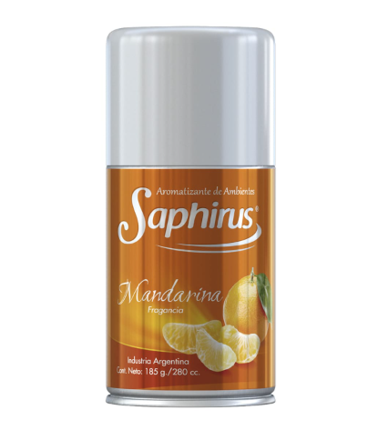 Ambientador en aerosol Orange Saphirus Mandarina con tapa gris sobre fondo blanco.