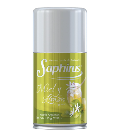 Lata de aerosol plateada con etiqueta verde que dice “Saphir's Męty Lemon”