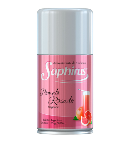 Lata de spray Pink Saphirus con tapa plateada y detalles florales sobre fondo blanco.
