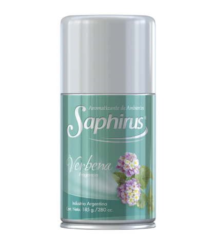 Desodorante en spray Saphris Verbena con tapa plateada y etiqueta verde.