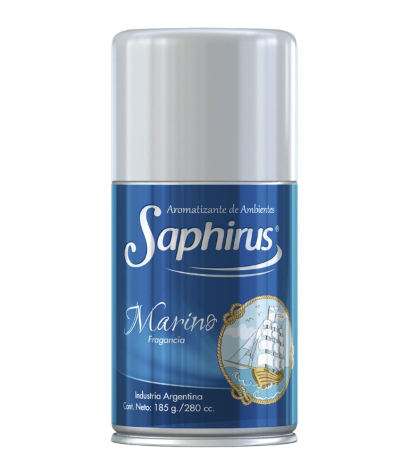 Lata de aerosol Saphirus Marins azul y plateada con etiqueta náutica sobre fondo blanco.