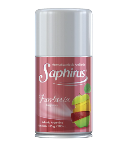 Lata de aerosol plateada con la etiqueta “Saphius Fantasía” y un diseño floral rosa.