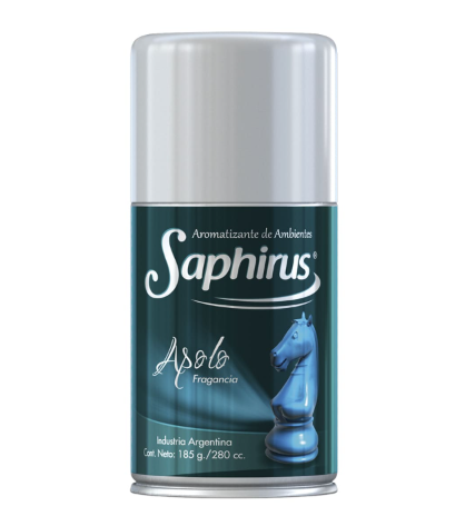 Lata de desodorante en aerosol Saphius, color plata y turquesa con diseño de pieza de ajedrez de caballo.