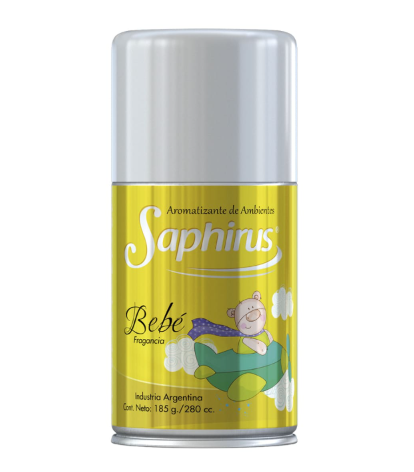 Lata de aerosol Saphirus Bebe con tapa gris y etiqueta amarilla con la ilustración de un bebé.