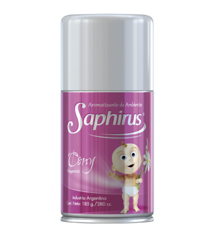 Lata de spray Pink Saphirus con tapa plateada y un bebé de dibujos animados en la etiqueta.