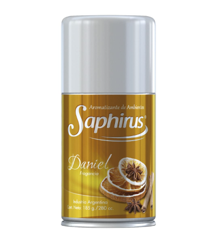 Lata de aerosol Saphirus Daniel amarilla con diseño de betún para zapatos y tapa gris.