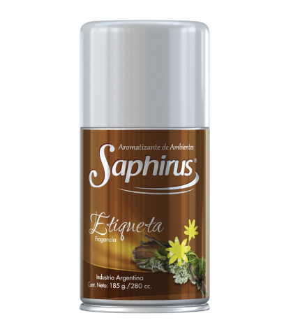 Lata de aerosol Saphiros Etiqueta marrón y plateada con etiqueta floral sobre fondo blanco.
