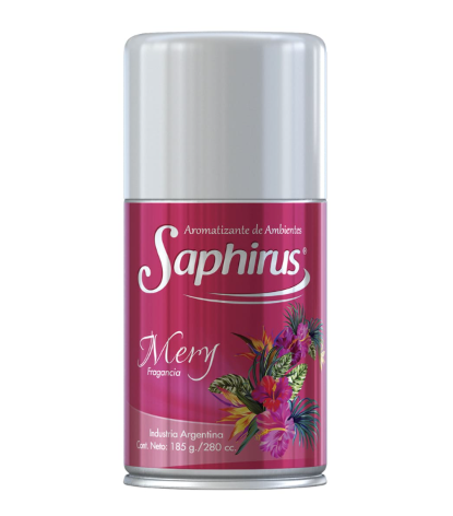 Lata de aerosol Pink Saphirus Merry con diseño floral sobre fondo blanco.