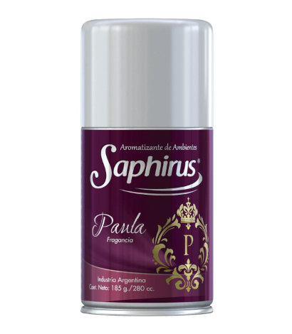 Lata de aerosol Saphris Paula de color púrpura y plateado con etiqueta ornamentada y diseño de corona.