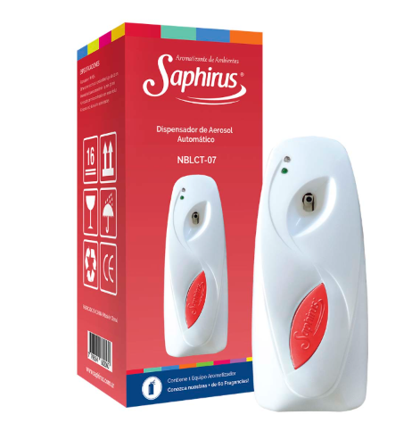 Dispensador automático de ambientador White Saphirus junto a su caja roja.