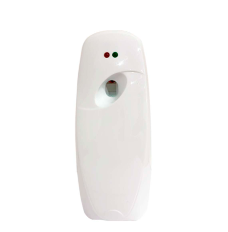 Dispensador automático de ambientador blanco con luces indicadoras rojas y verdes sobre fondo blanco.