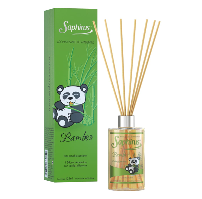 Caja y botella difusoras de varillas con aroma a bambú verde, con ilustración de panda y varillas.