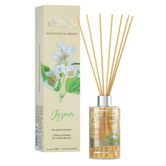 Difusor de varillas de jazmín con caja color crema, flores blancas y botella de vidrio ámbar con varillas.