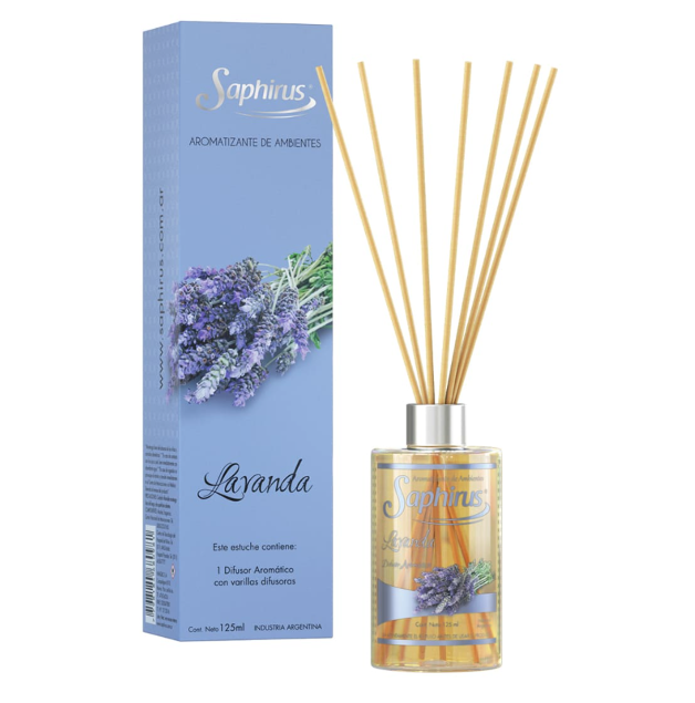 Difusor de varillas de lavanda con caja azul y frasco transparente, que muestra flores moradas y palitos de madera.