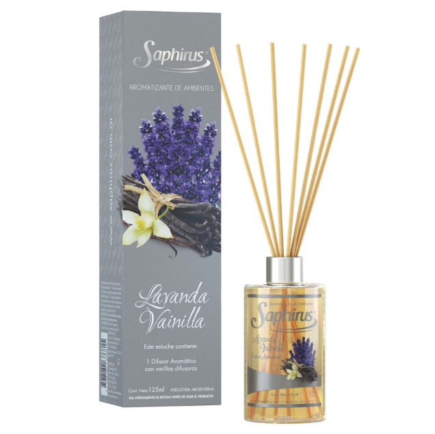Difusor de varillas de lavanda y vainilla con caja gris, frasco de vidrio y varillas doradas.