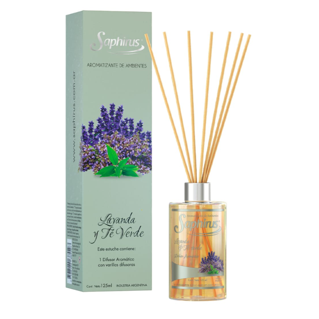 Difusor de varillas con aroma a lavanda, caja verde salvia, frasco transparente y varillas de madera.