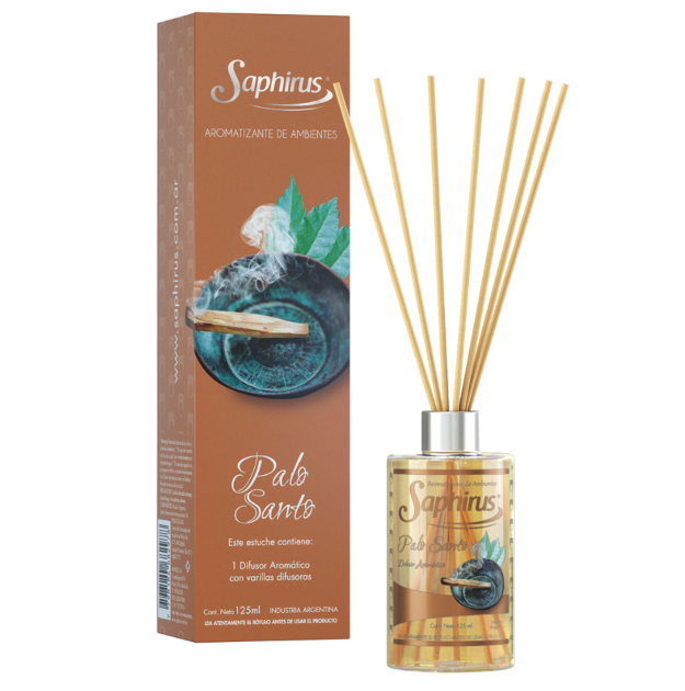 Difusor de varillas de palo santo Saphirus con caja marrón y frasco transparente sobre fondo blanco.
