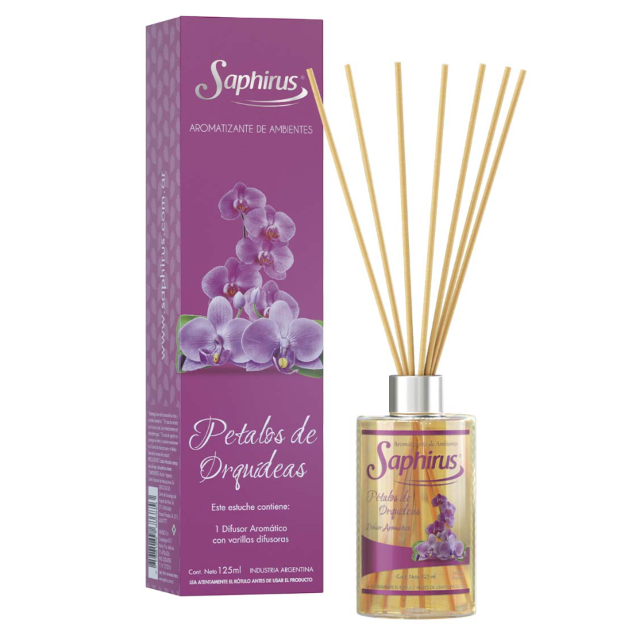 Caja y frasco difusor de varillas florales Purple Saphirus con flores de lavanda y palitos de madera.