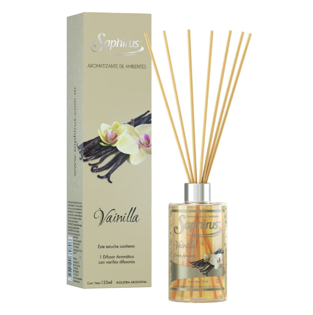 Difusor de varillas de vainilla con caja beige y botella de vidrio transparente con varillas largas de madera.