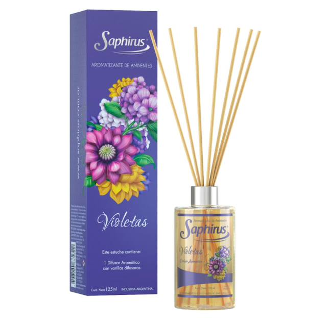 Difusor de varillas con aroma floral morado, empaque con la etiqueta “Violetas” y seis varillas.