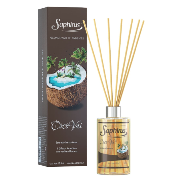 Difusor ambientador de coco Saphirus con botella, varillas y caja sobre fondo blanco.