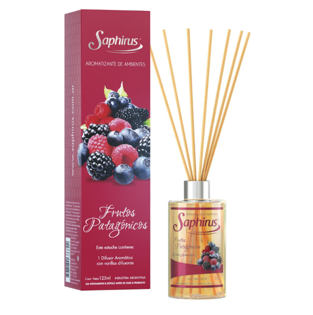 Difusor de varillas Saphris con aroma a granada fresca, caja roja y diseño de bayas.