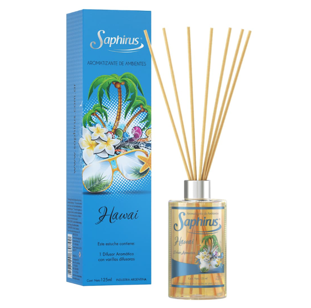 Caja difusora de varillas Blue Saphirus Hawaii y botella de vidrio con etiqueta floral tropical y varillas de madera.