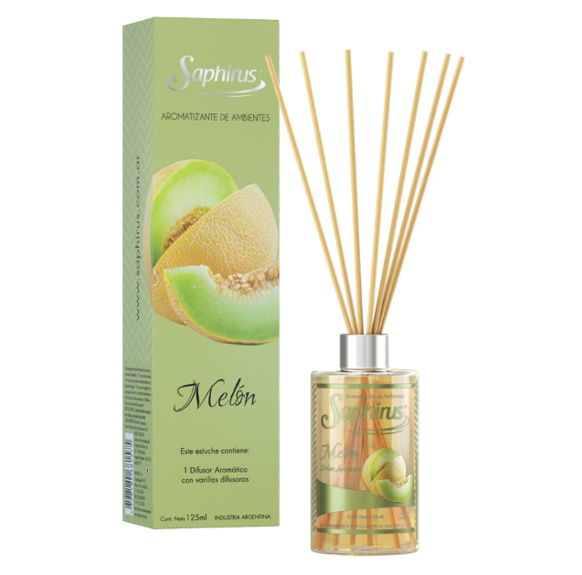 Difusor de varillas con aroma a melón verde, con caja y botella de vidrio con varillas.