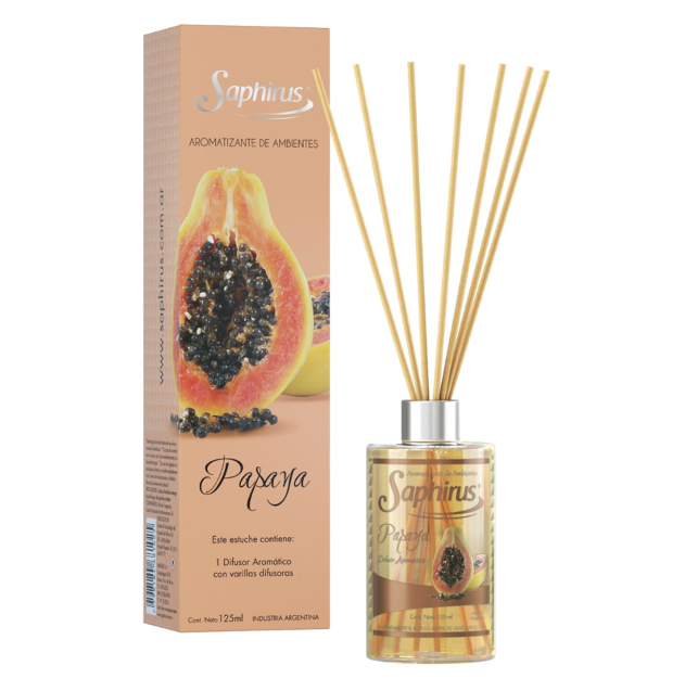 Difusor de varillas con aroma a papaya, con caja y varillas secas en botella de vidrio.