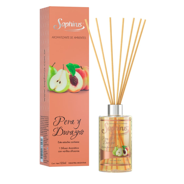 Difusor de varillas de pera y naranja con caja y botella de vidrio con varillas.