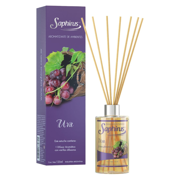 Difusor de varillas de uva Sophinus Uva con caja morada, botella de vidrio y varillas de madera.