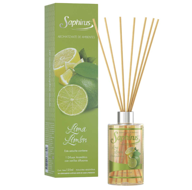 Difusor de varillas con aroma a lima, con caja verde, botella de vidrio y varillas largas.