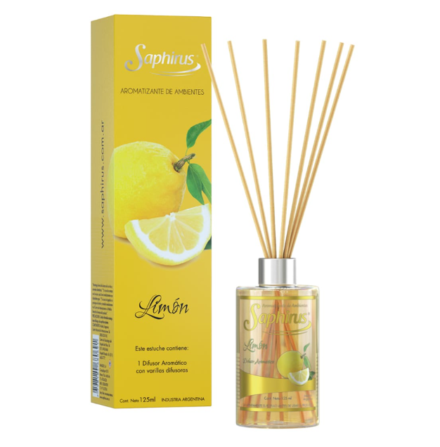 Difusor de varillas amarillo con aroma a limón, con caja y botella de varillas sobre fondo blanco.