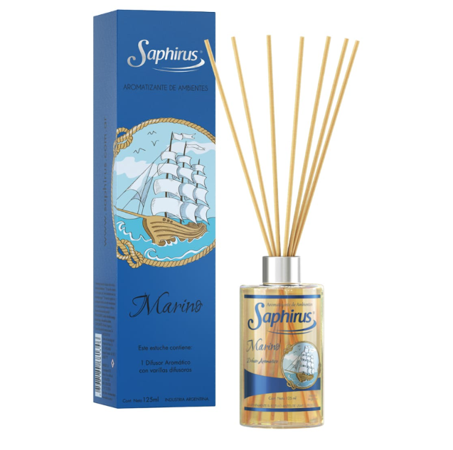 Caja y botella difusora de varillas Blue Saphirus Maris con varillas doradas sobre fondo blanco.