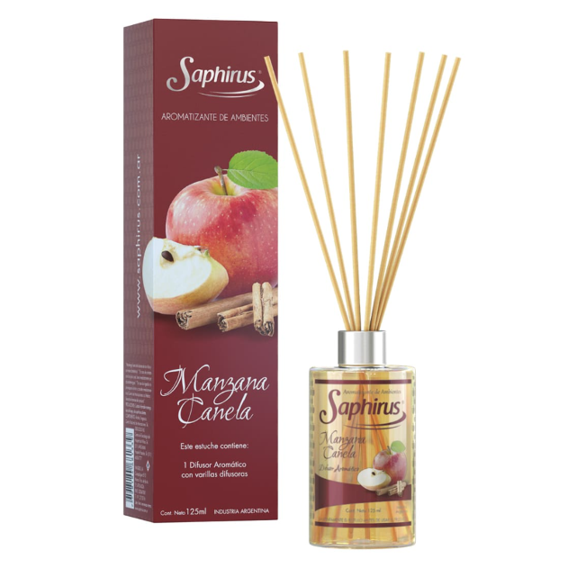 Difusor de varillas Saphris con aroma a manzana y canela, con caja color granate, diseño gráfico de manzana