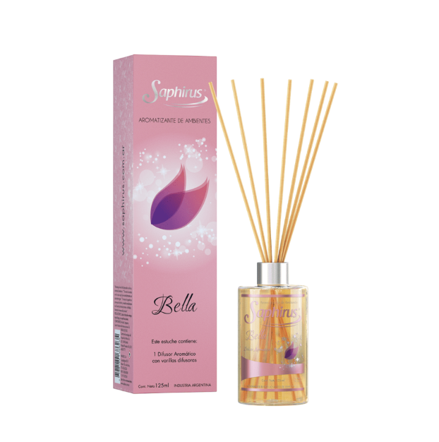 Caja difusora de varillas rosa y botella de vidrio con varillas doradas en un empaque rosa y dorado.