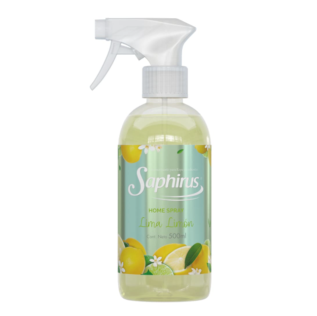 Botella pulverizadora de limpiador cítrico Saphirus con dibujos de limones y tapa de gatillo blanca.