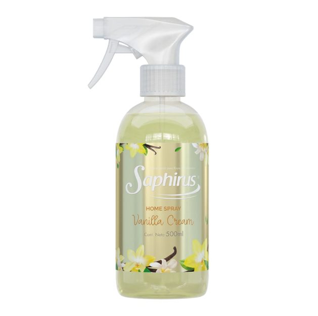 Limpiador en spray Saphiris con aroma a limón en botella transparente con pulverizador de gatillo blanco.