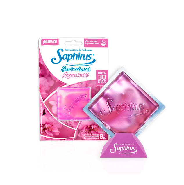 Envase de cera aromática Pink Saphirus con una bolsita en forma de diamante en primer plano.