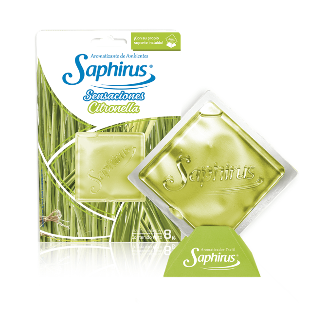 Envase verde de producto de limpieza Saphirus con aroma a lavanda, que incluye jabón en barra y envase líquido.