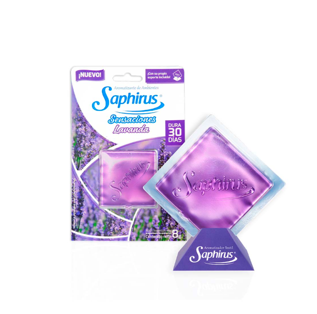 Caja ambientadora de lavanda Saphirus y paquete de bolsitas perfumadas moradas, fragancia para 30 días.