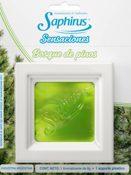 Jabón en barra Saphius Sensaciones con aroma a pino, en envase blanco con centro de jabón verde brillante.