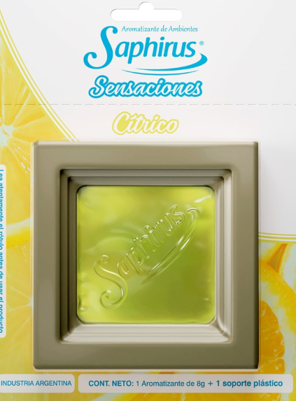 Jabón en barra Saphius Sensaciones Citrus con diseño de limón y centro de gel verde en su empaque.